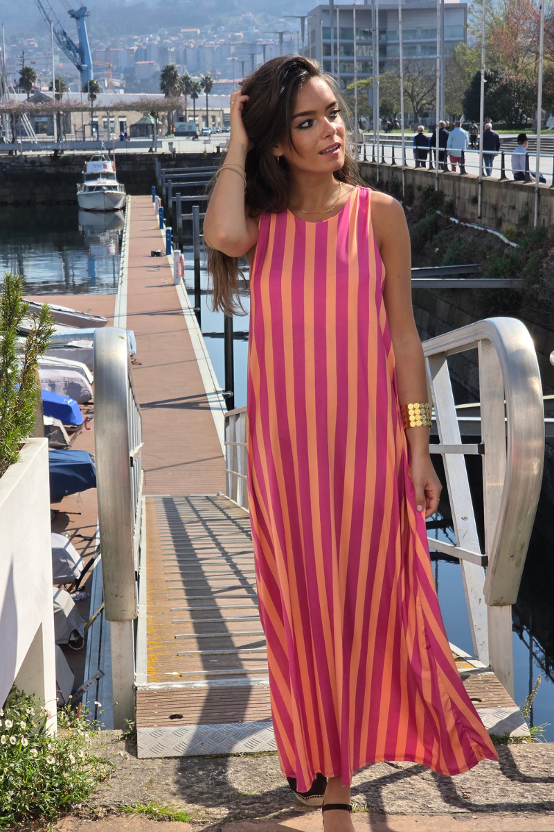 Vestido Elástico de Rayas Fucsia