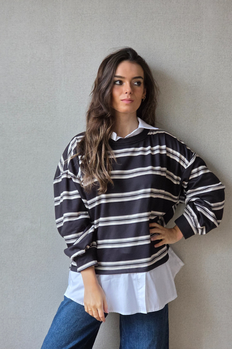 Jersey de rayas negras y blancas con detalle de camisa falsa