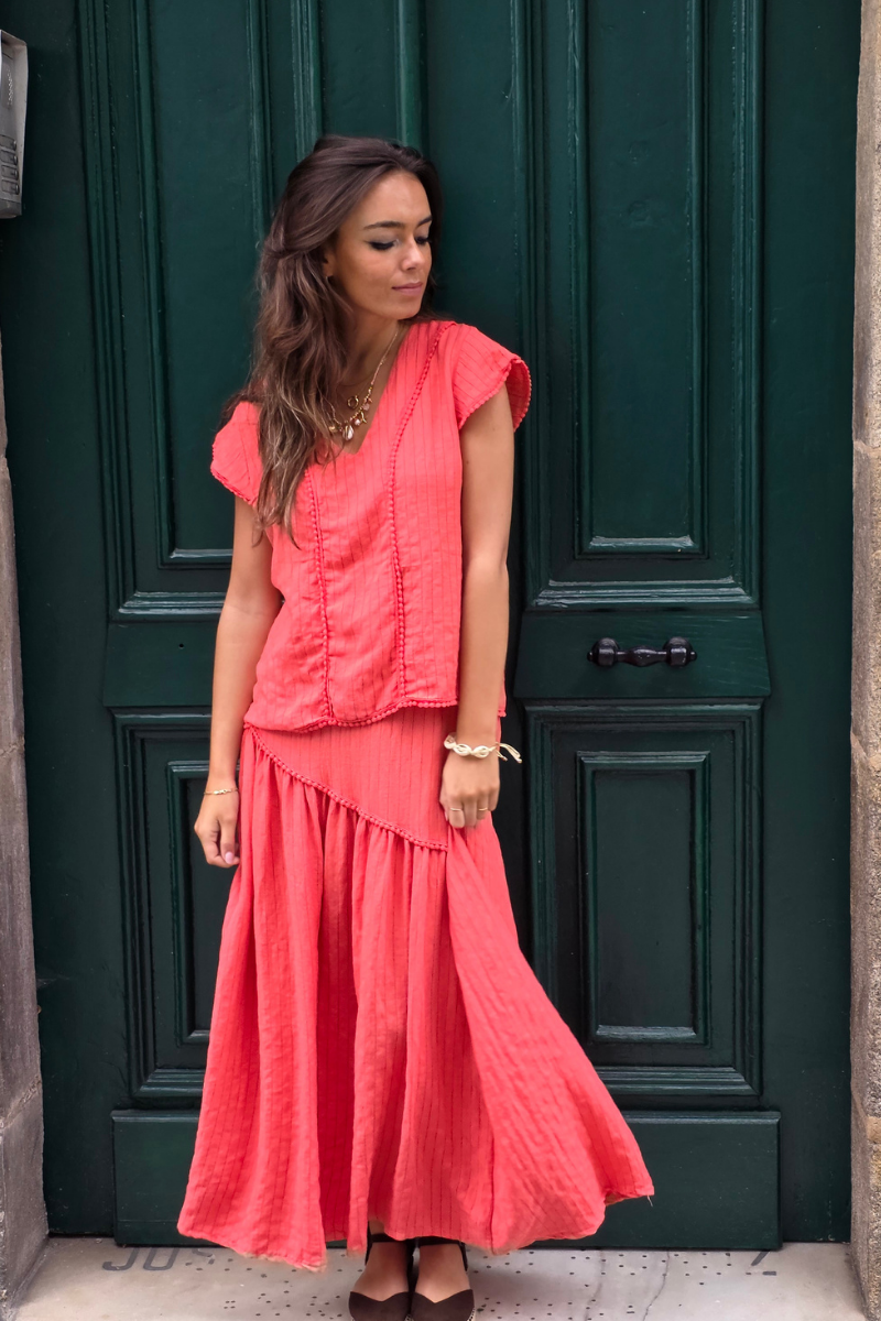 Falda Rayas Coral tipo lino