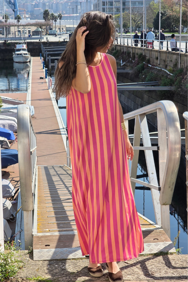 Vestido Elástico de Rayas Fucsia