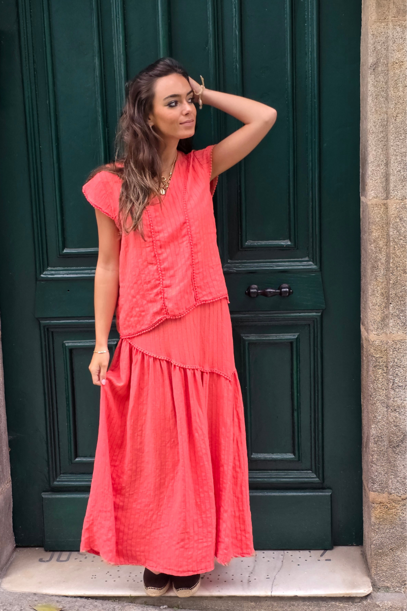 Falda Rayas Coral tipo lino