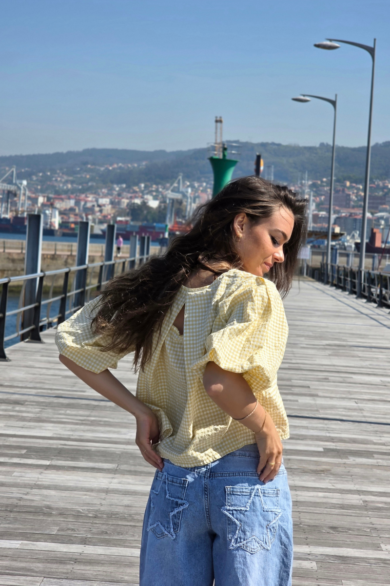 Blusa Manga Globo Cuadro Vichy Amarilla