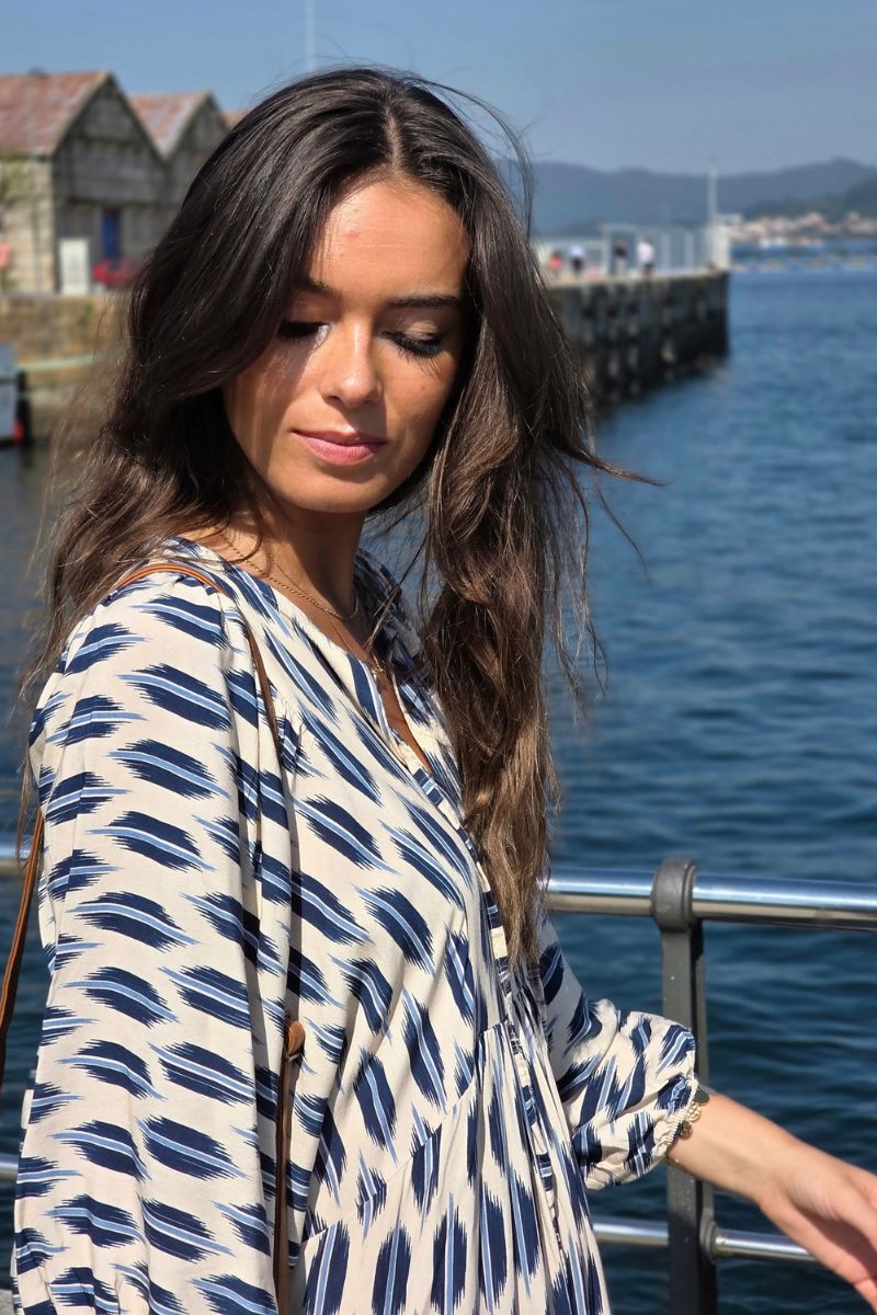 Vestido Mangas Abullonadas Estampado Azul marino