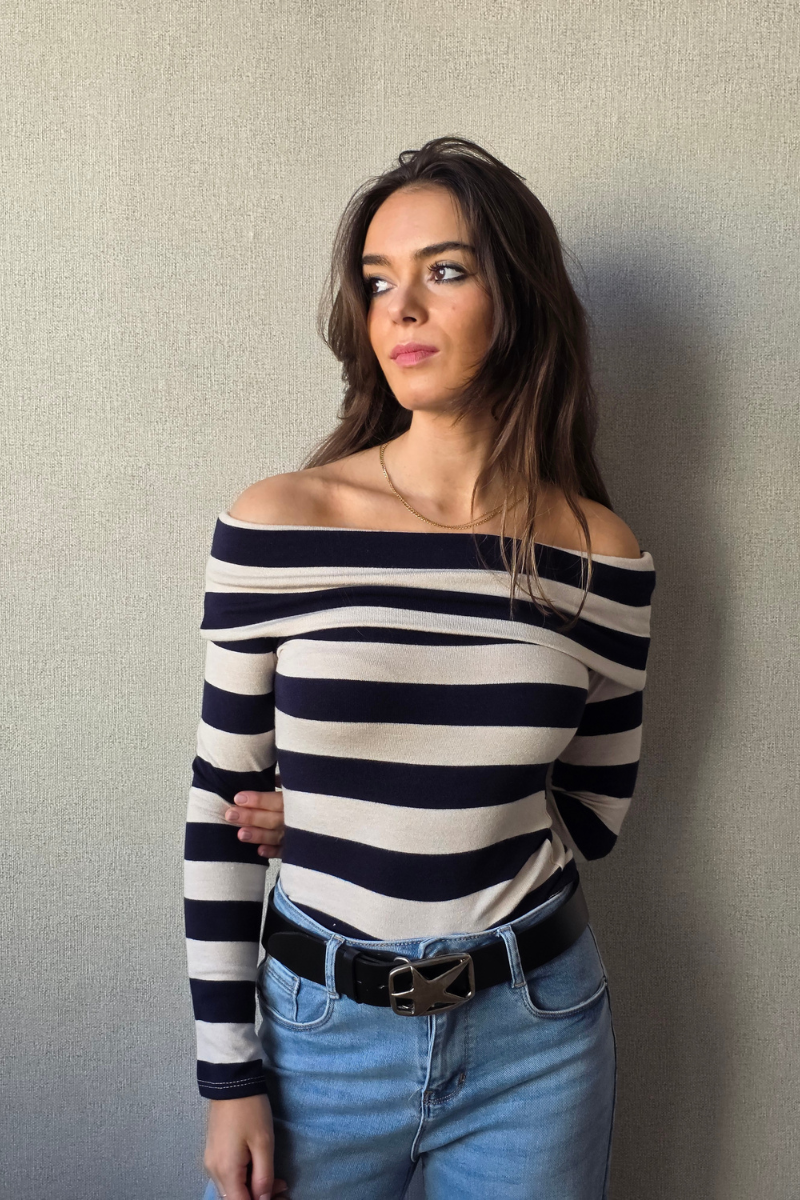 Jersey Escote Bardot Rayas - Azul Marino