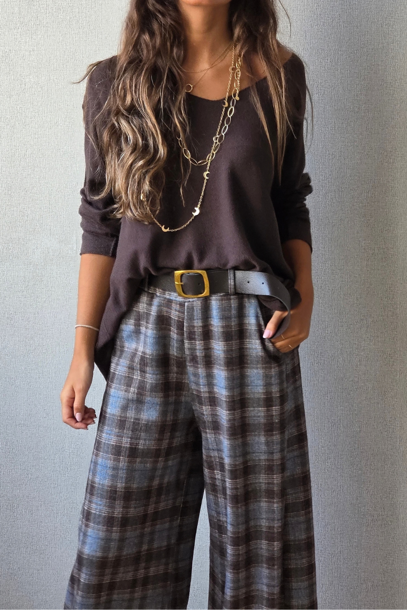 Pantalón de cuadros pequeños azul jean