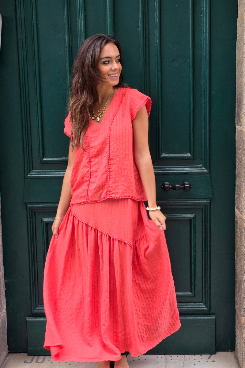 Falda Rayas Coral tipo lino