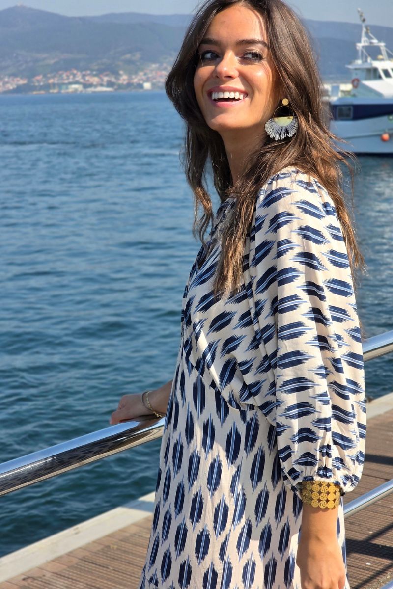 Vestido Mangas Abullonadas Estampado Azul marino