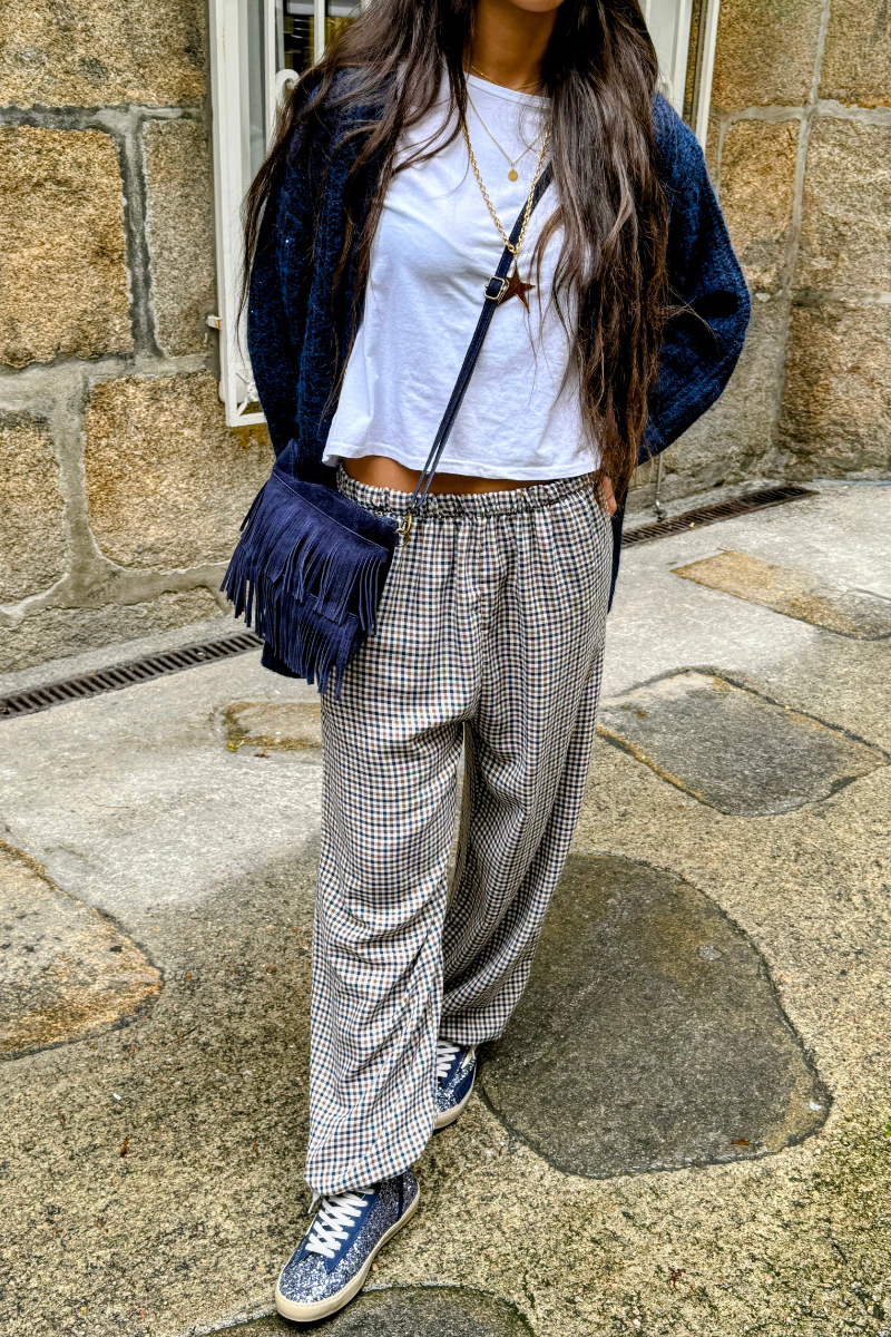 Pantalón bombacho de cuadros azul