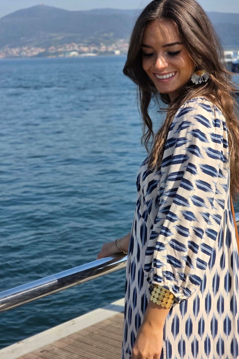 Vestido Mangas Abullonadas Estampado Azul marino