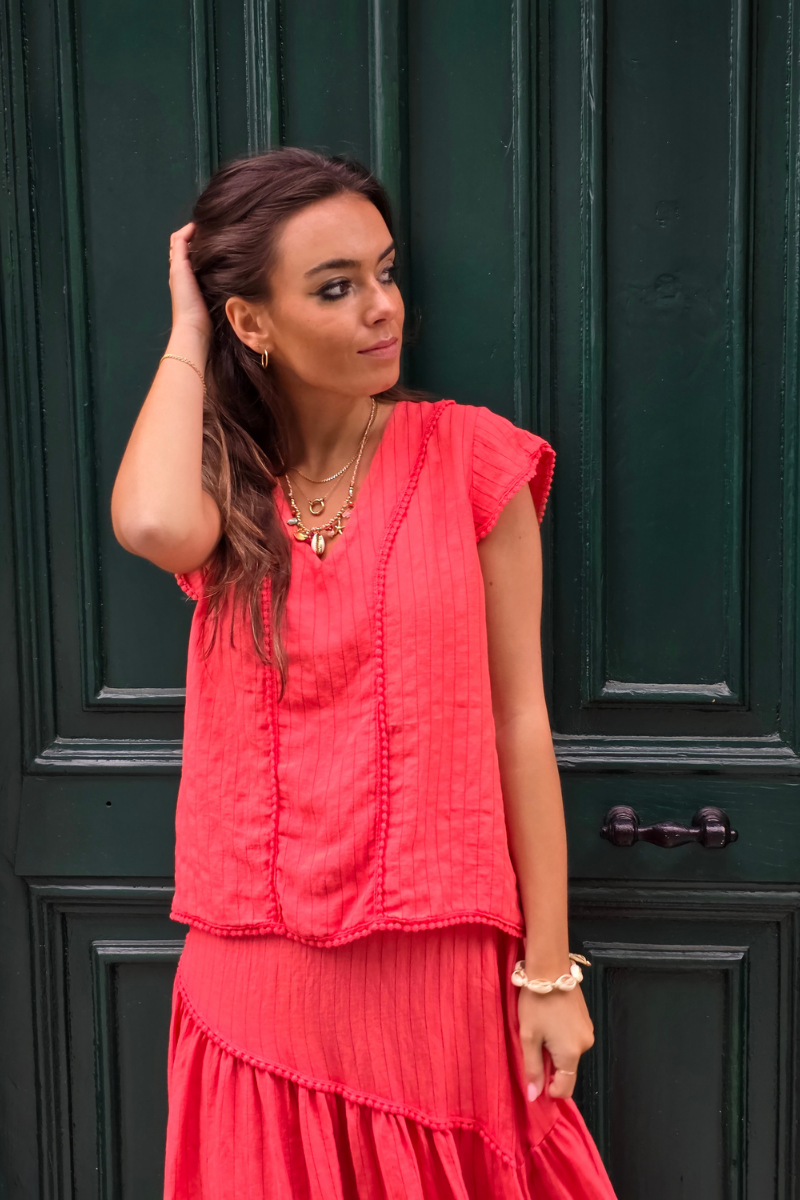 Blusa Rayas Coral tipo lino
