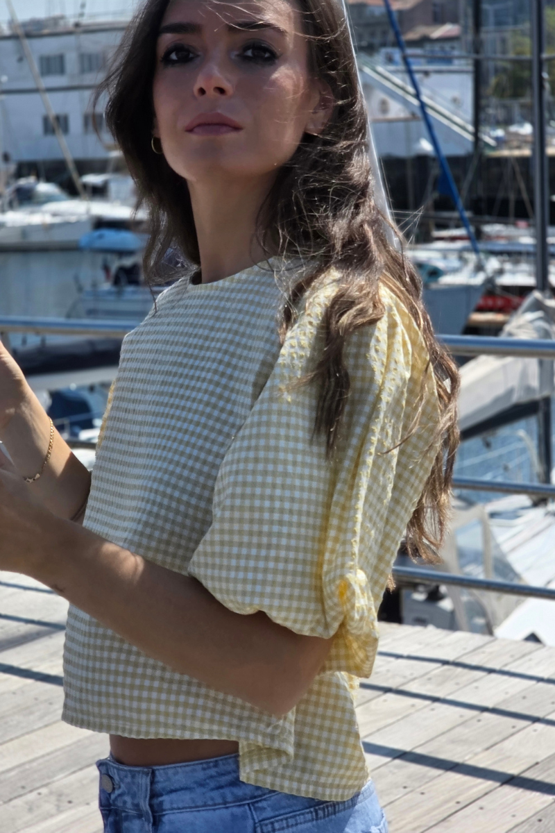Blusa Manga Globo Cuadro Vichy Amarilla