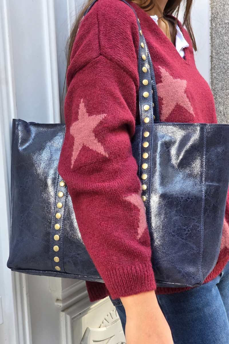 Jersey punto cuello pico con estrellas burdeos