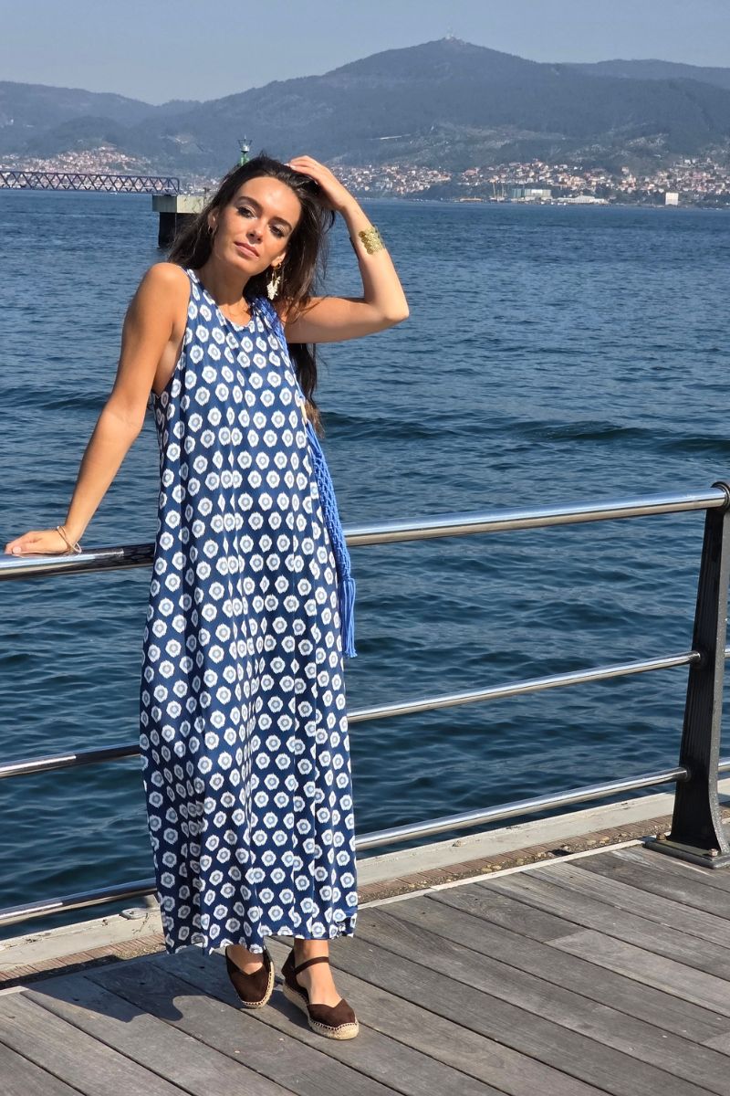 Vestido Elástico Estampado Célula Marino