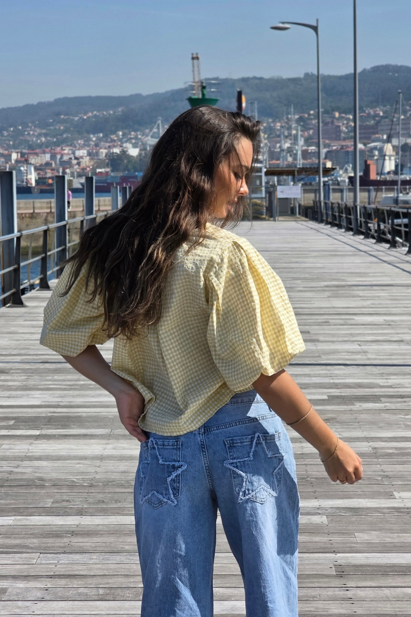 Blusa Manga Globo Cuadro Vichy Amarilla