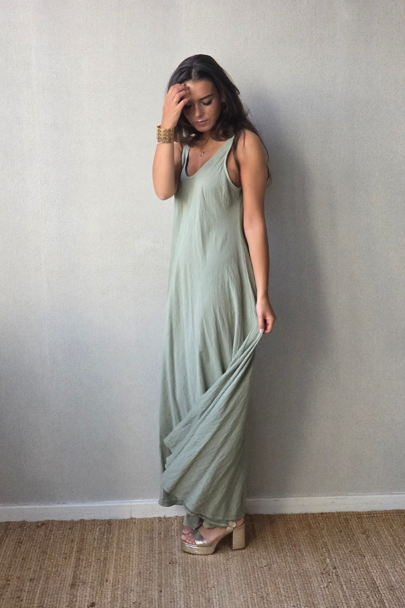 Vestido largo de asas al bies Caqui