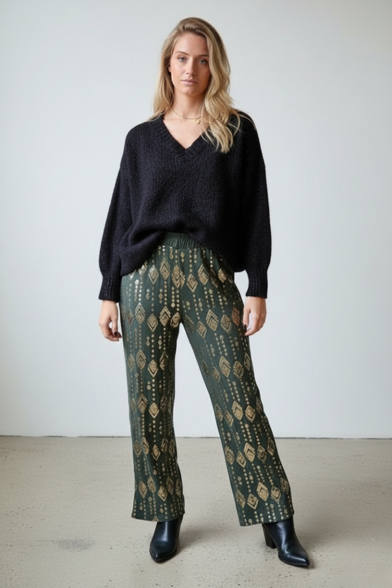 Pantalón de punto verde con lentejuelas