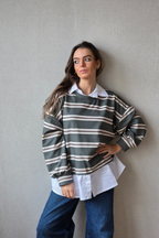 Jersey de Rayas Verde Militar y Marrón con Cuello Camisa