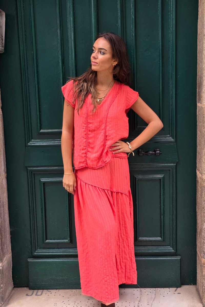 Falda Rayas Coral tipo lino