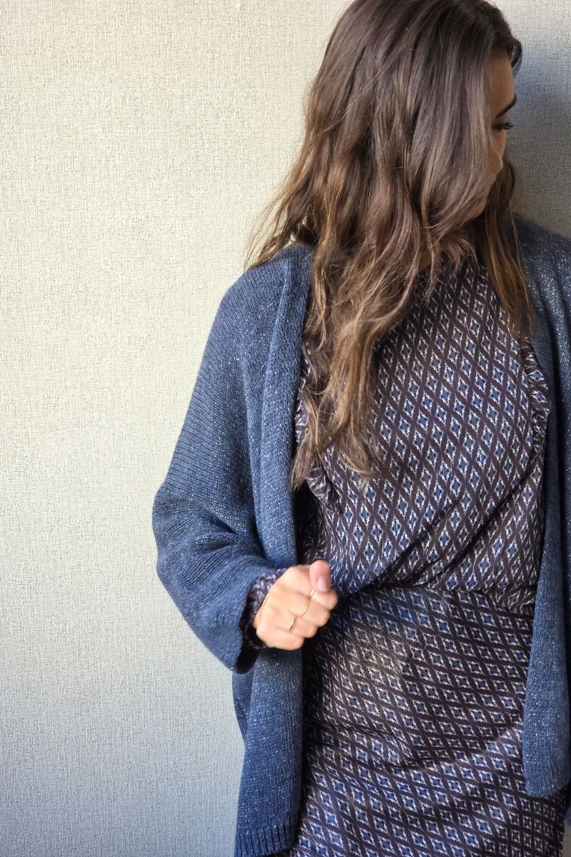 Chaqueta de punto tipo kimono brillos azul