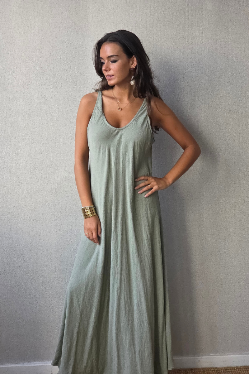 Vestido largo de asas al bies Caqui