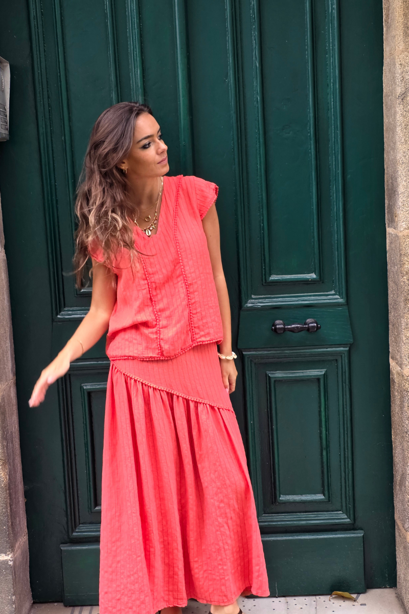 Blusa Rayas Coral tipo lino