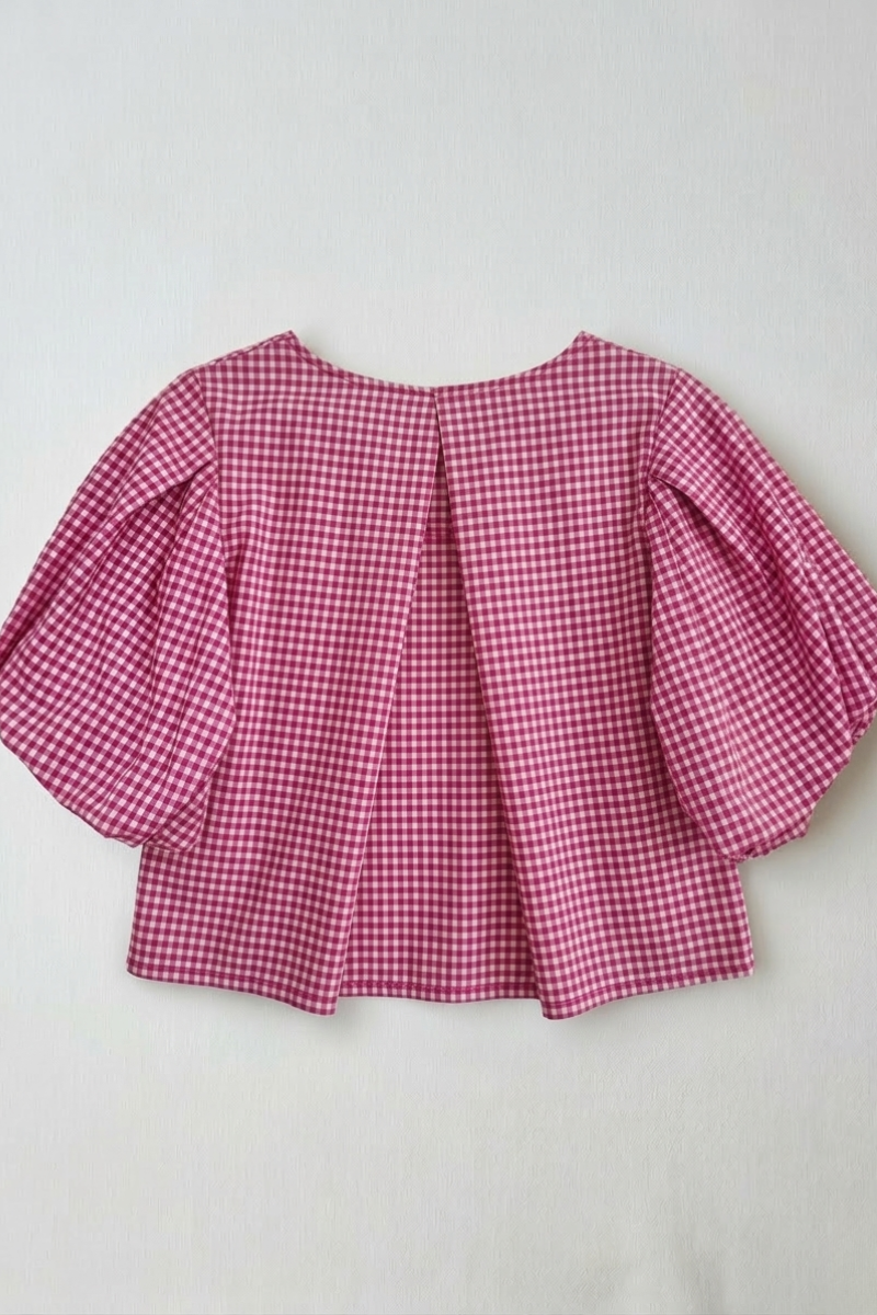 Blusa Manga Globo Cuadro Vichy Fucsia