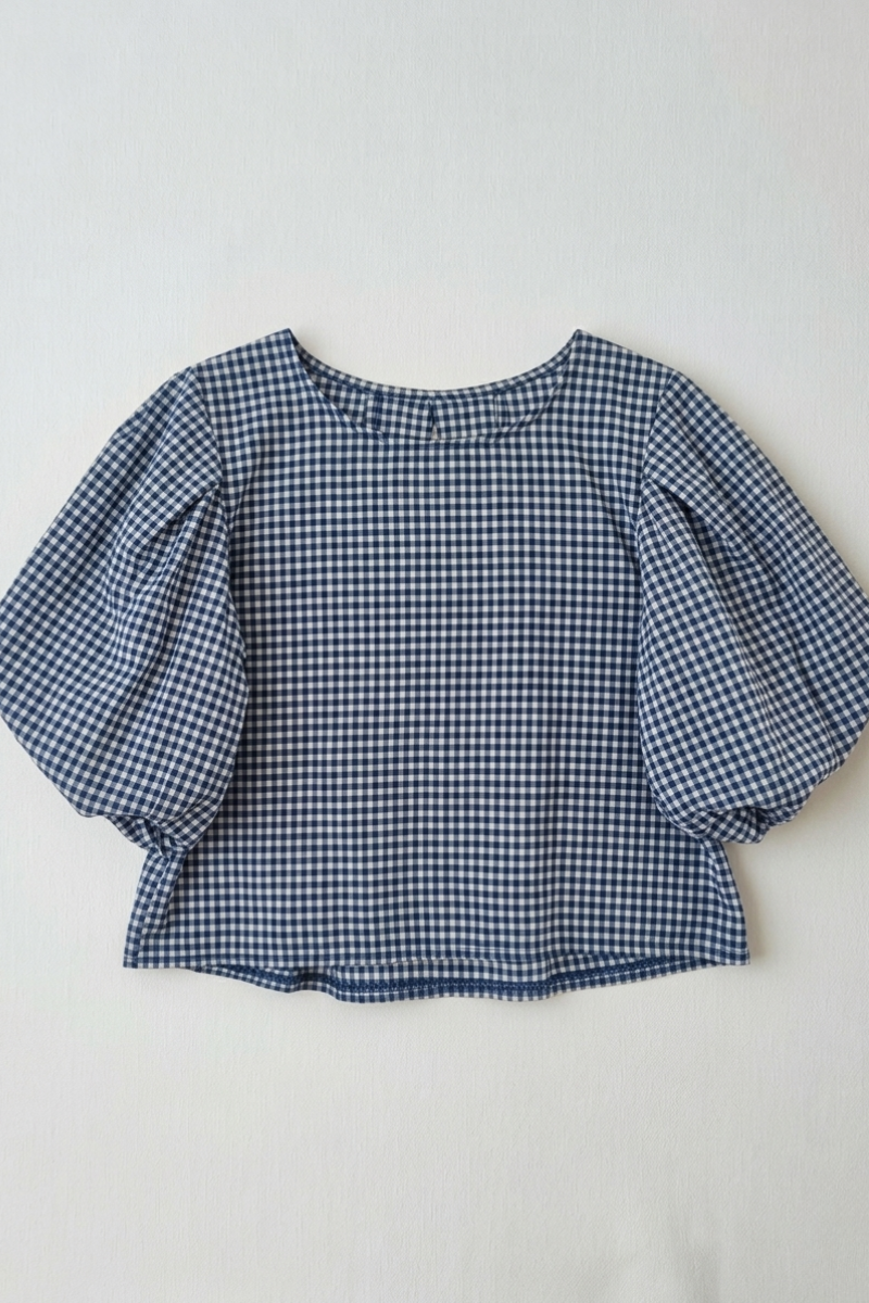 Blusa Manga Globo Cuadro Vichy Azul Marino