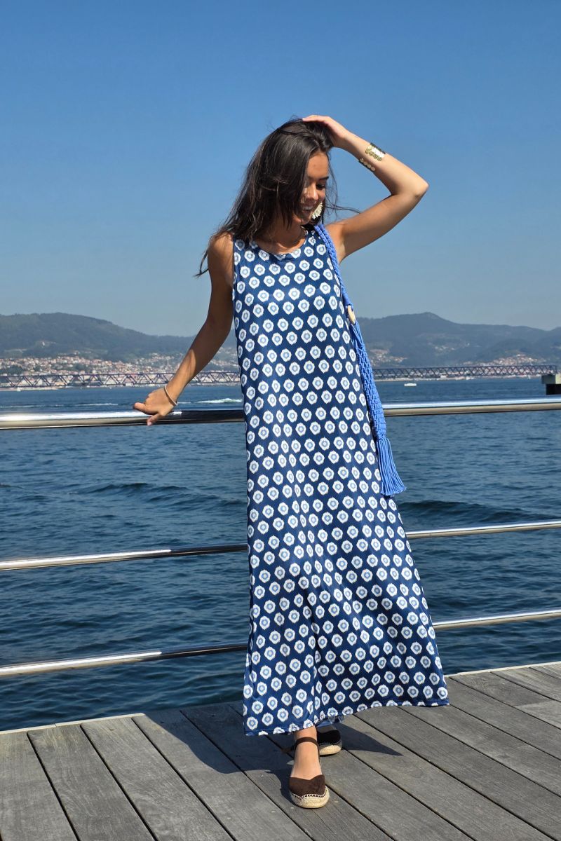 Vestido Elástico Estampado Célula Marino