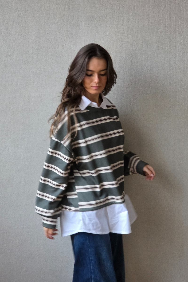 Jersey de Rayas Verde Militar y Marrón con Cuello Camisa