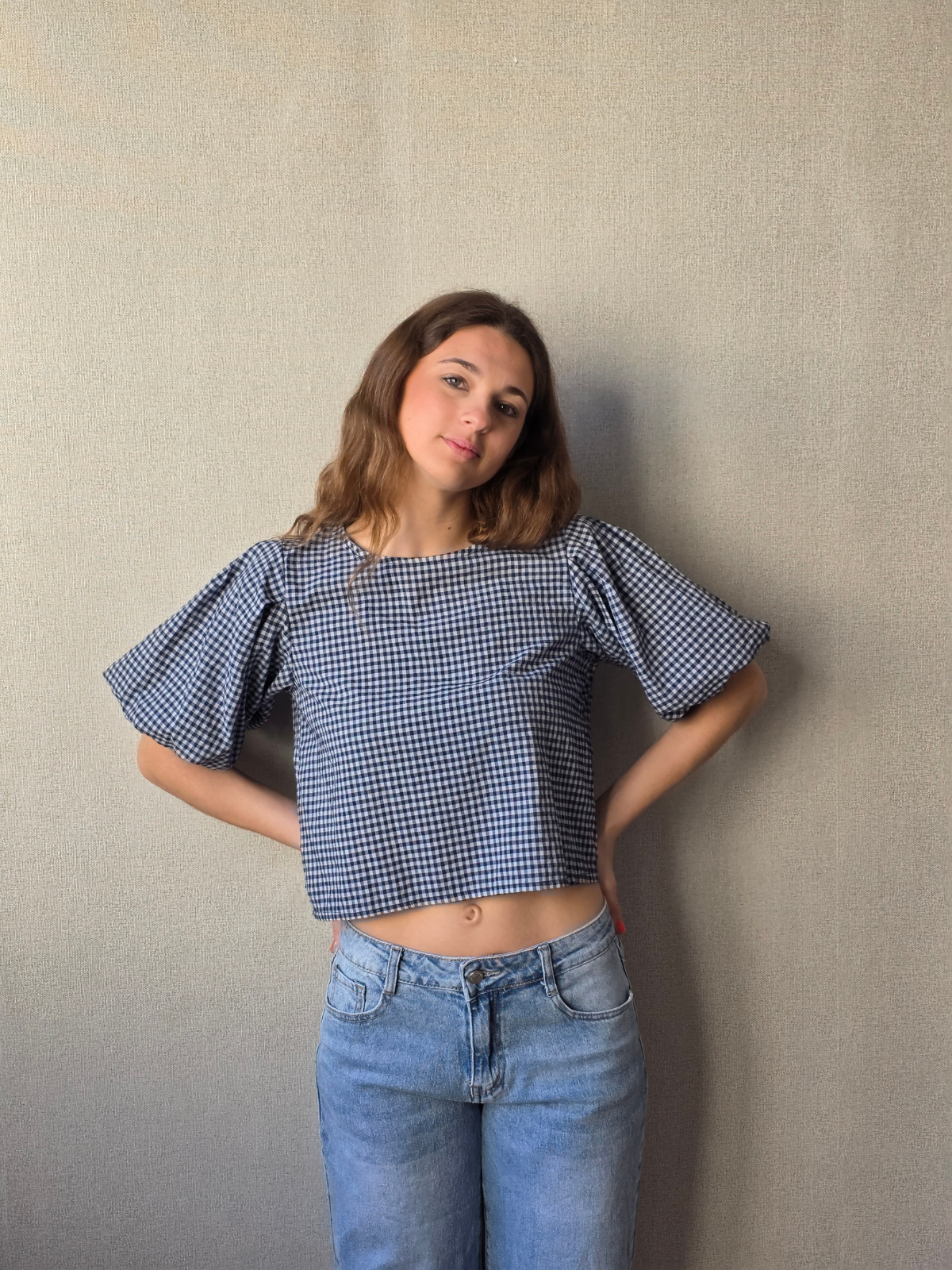 Blusa Manga Globo Cuadro Vichy Azul Marino