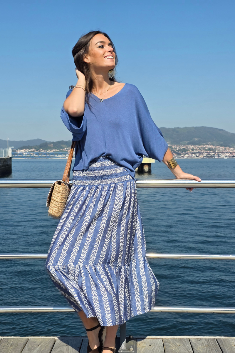 Falda Larga Estampado de Hojas Azul Jeans