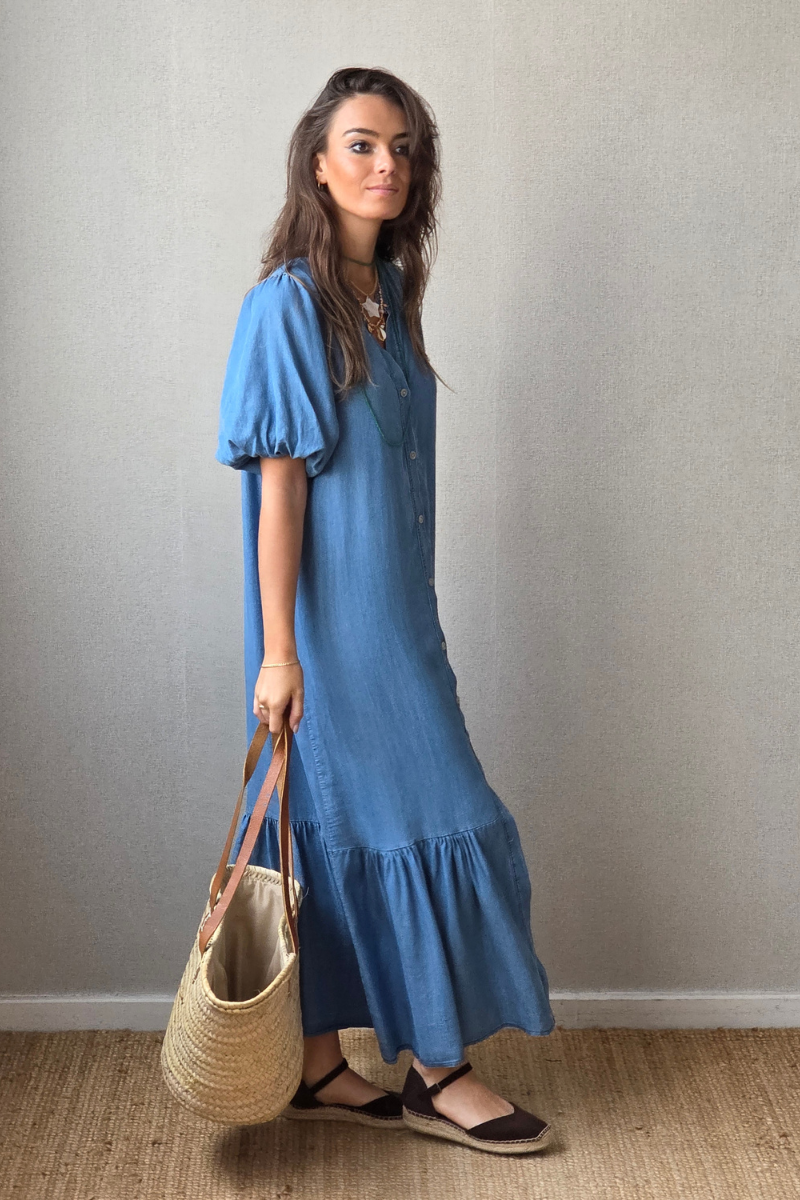 Vestido Manga Globo Azul Jeans Oscuro