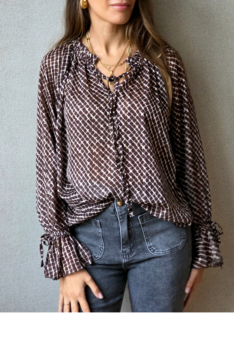 Blusa gasa estampado con brillos marrón chocolate