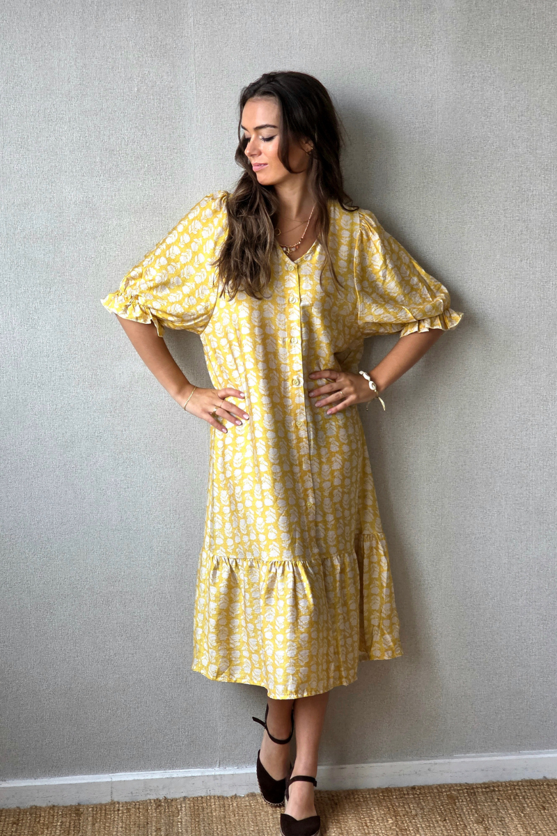 Vestido flores con botones amarillo