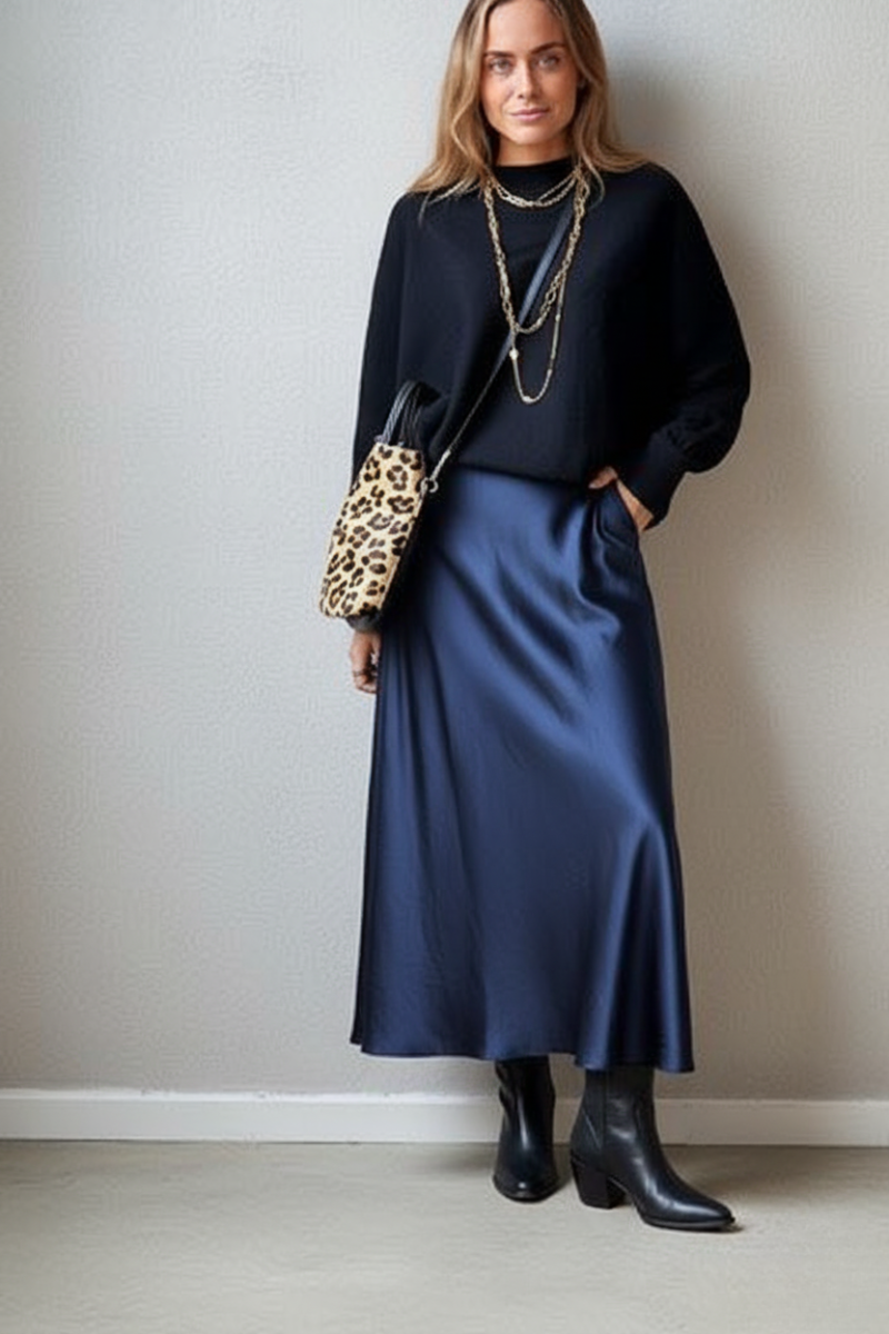 Falda tipo raso azul marino con corte al bies