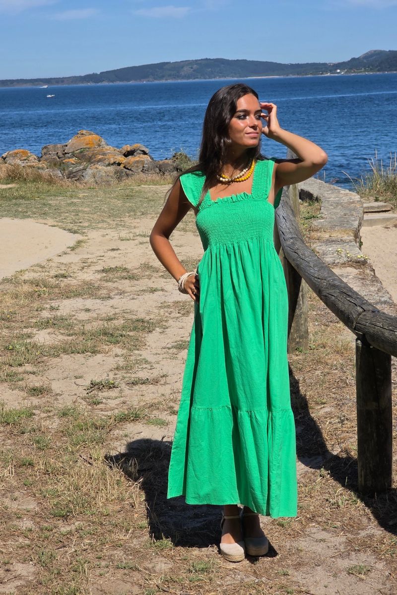 Vestido de tirantes nido de abeja verde algodón lino