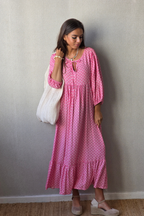 Vestido Largo Flores M. Globo Fucsia