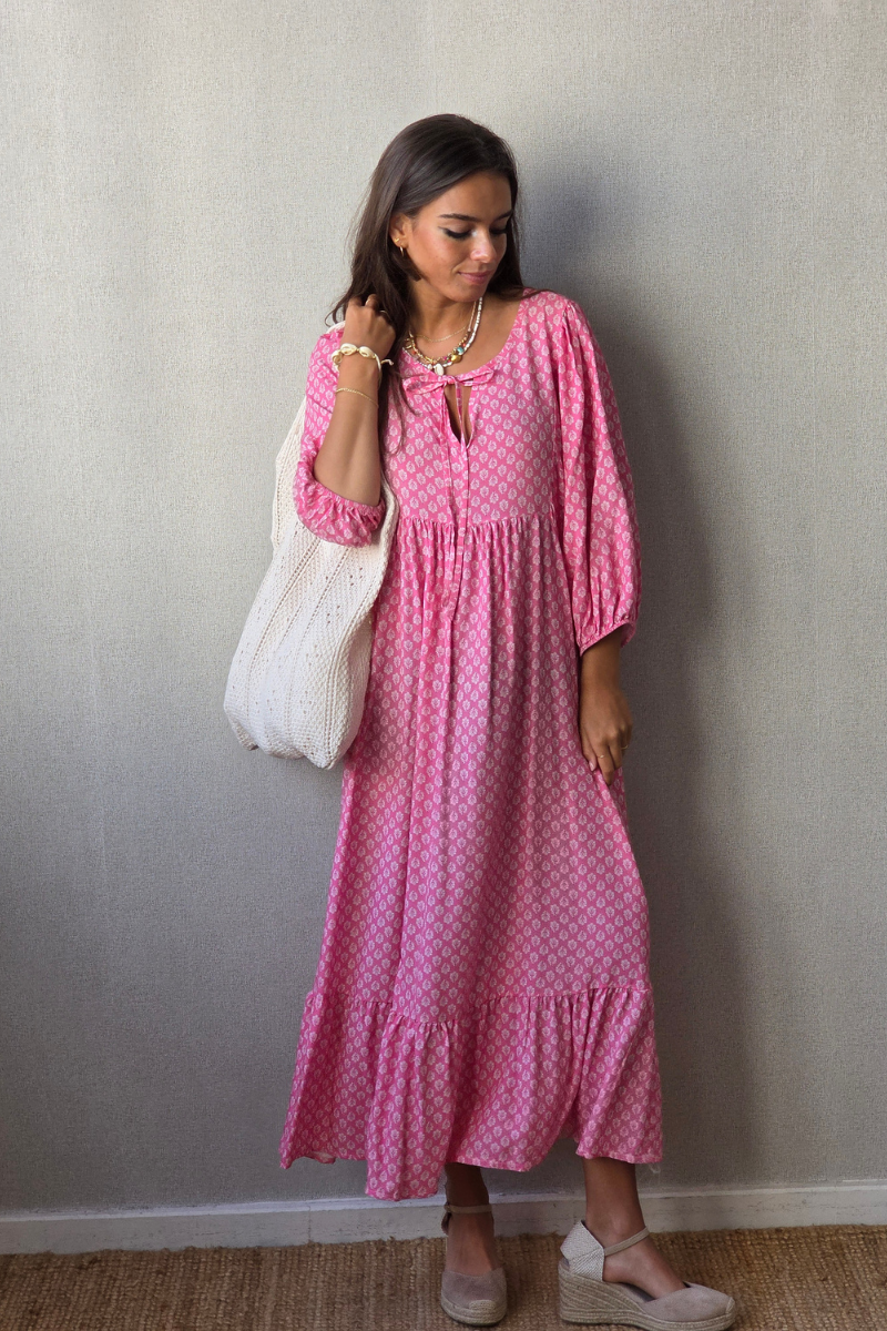 Vestido Largo Flores M. Globo Fucsia