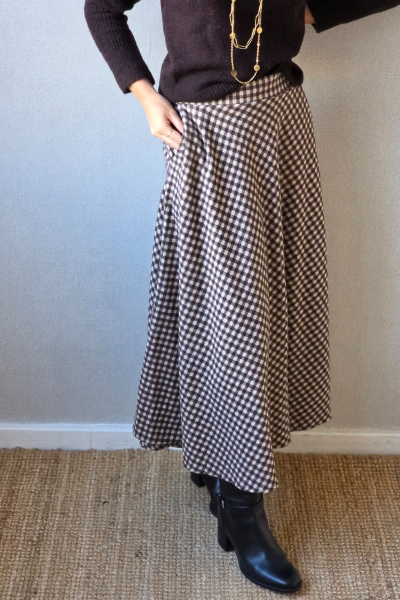 Falda evase de cuadros vichy chocolate