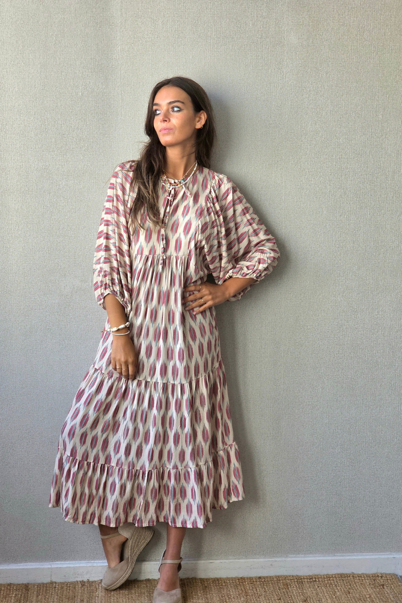 Vestido Mangas Abullonadas Estampado Beige