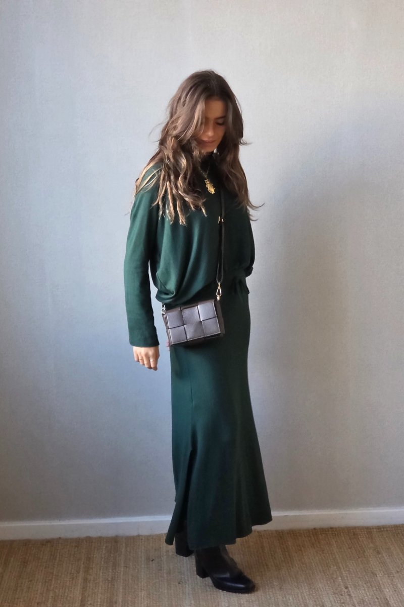 Falda larga de punto verde botella