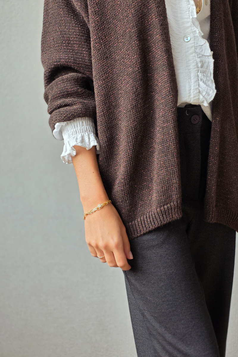 Chaqueta de punto tipo kimono brillos marrón chocolate