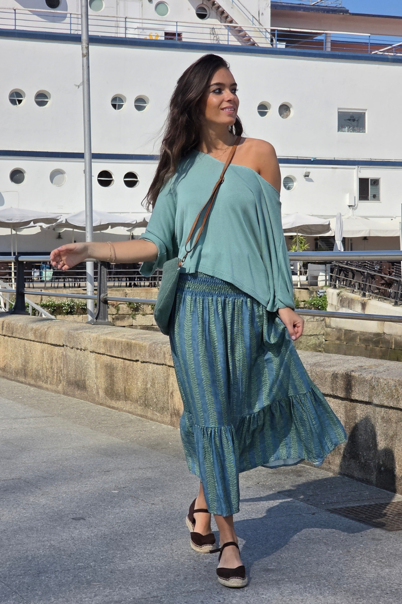 Falda Larga Estampado de Hojas Verde