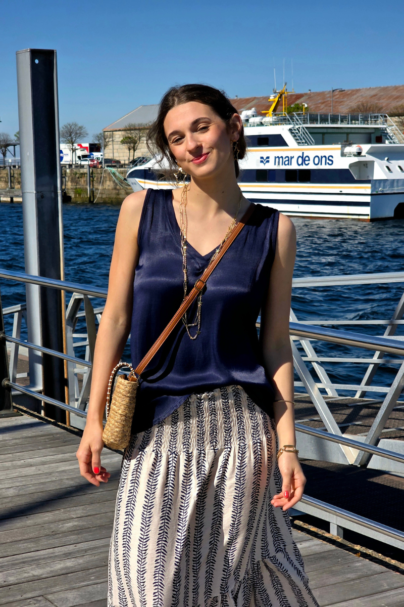 Falda Larga Estampado de Hojas Azul Marino