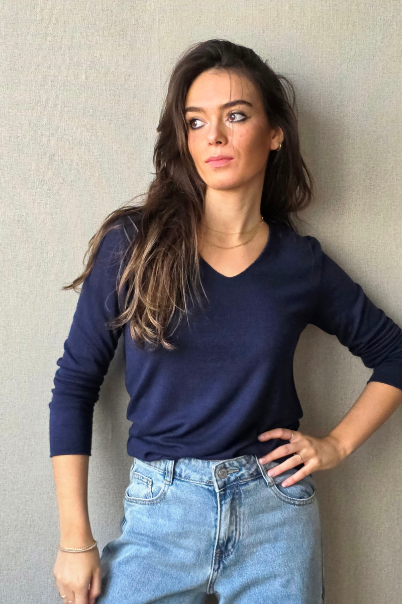 Jersey Fino de Cuello Pico - Azul Jean