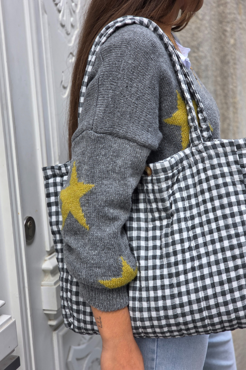 Bolsa acolchada de cuadros de vichy gris