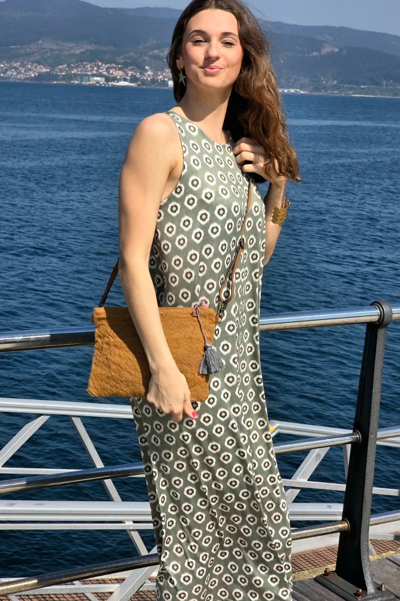 Vestido Largo Estampado Célula Caqui elástico