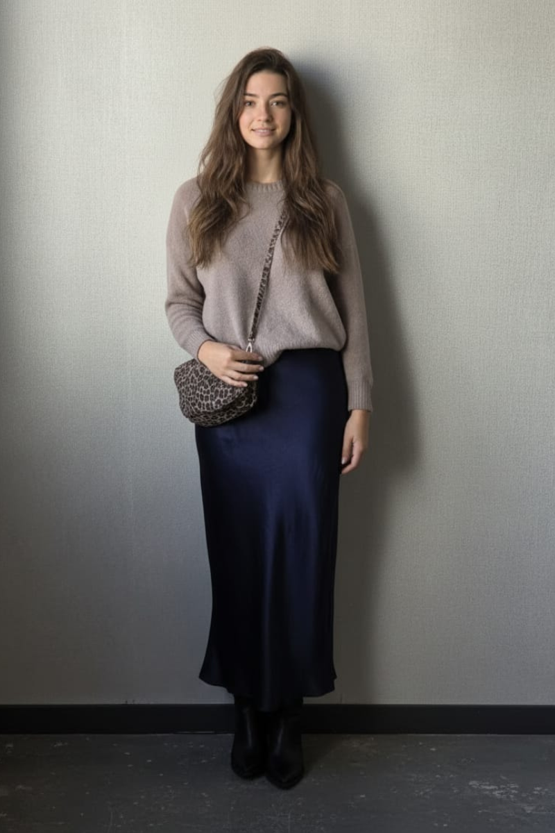 Falda satinada arrugada azul marino