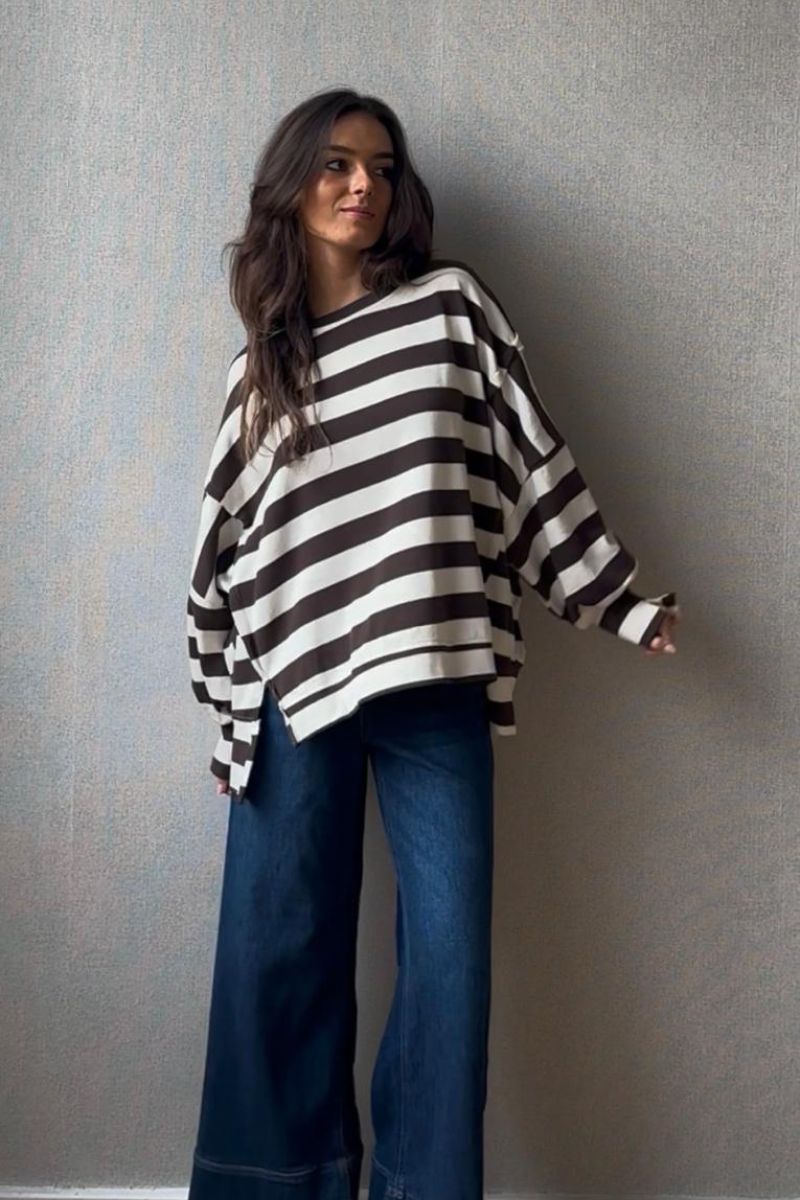 Jersey Oversize Rayas Beige y Chocolate - Estilo Casual Moderno
