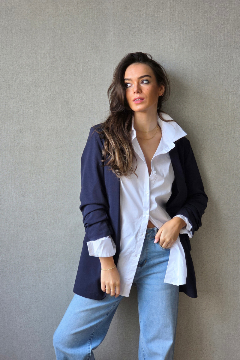 Blazer Azul Marino Suelta - Mangas Fruncidas Elegantes